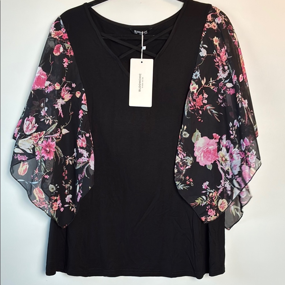 BloomChic Black Blouse with Pink Floral Sleeves